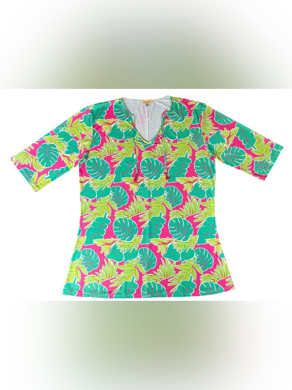 Viv & Lou Pink Green Tropical Leaf Cover Up Tunic Dress Sz XXL